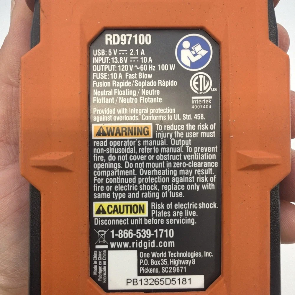Ridgid 100 Watt 120V Power Inverter Orange RD97100 - NO POWER CABLE